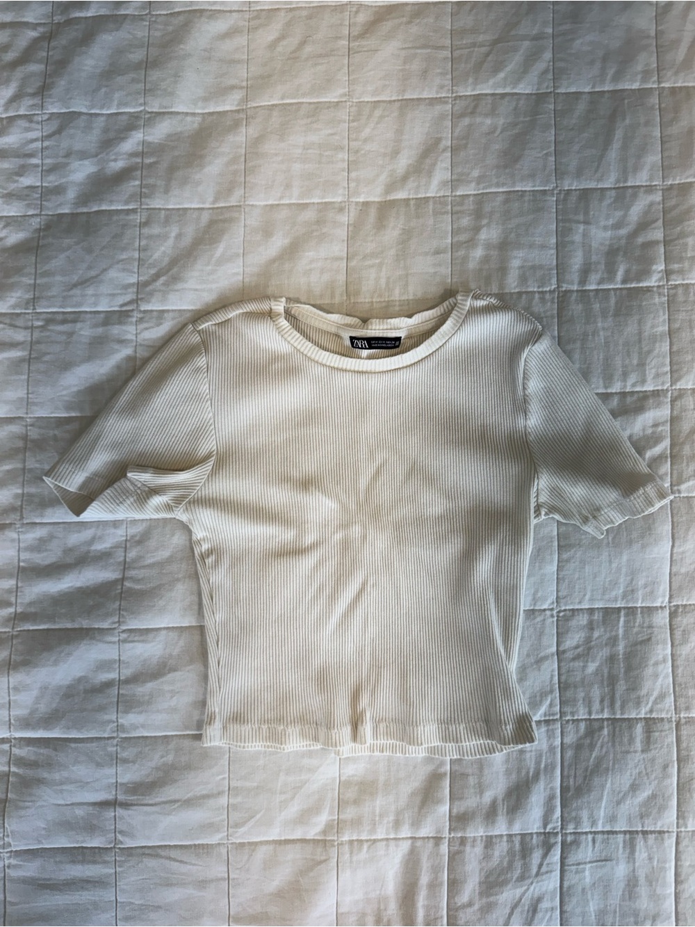 Zara - Cream Ribbed Short-Sleeve Tee